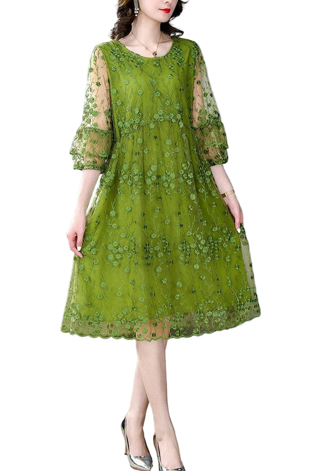 Robe Mi-Longue Femme Tulle Brodée Vert 1