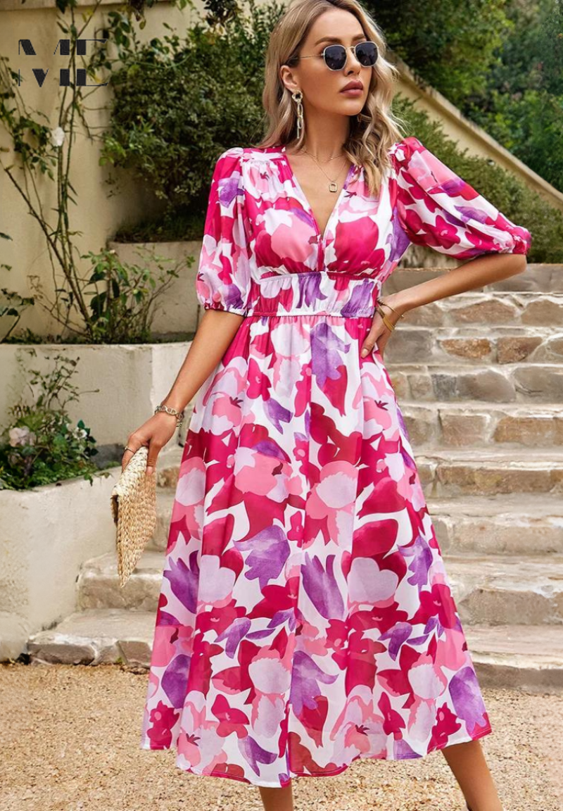 Robe Midi Ceinturée Imprimée Abstraite pour Femme 10