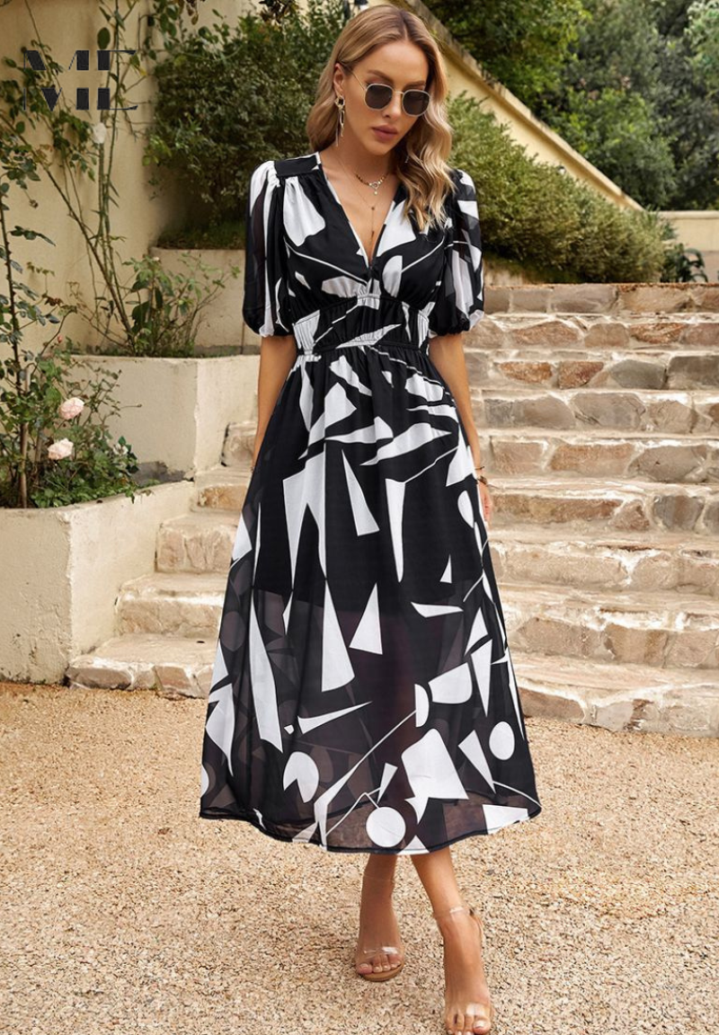 Robe Midi Ceinturée Imprimée Abstraite pour Femme 11
