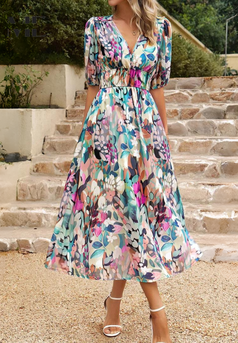 Robe Midi Ceinturée Imprimée Abstraite pour Femme 3