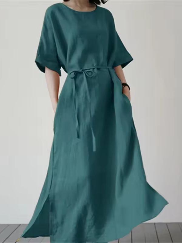Robe Midi Décontractée Ceinturée avec Fente Latérale pour Femme 5