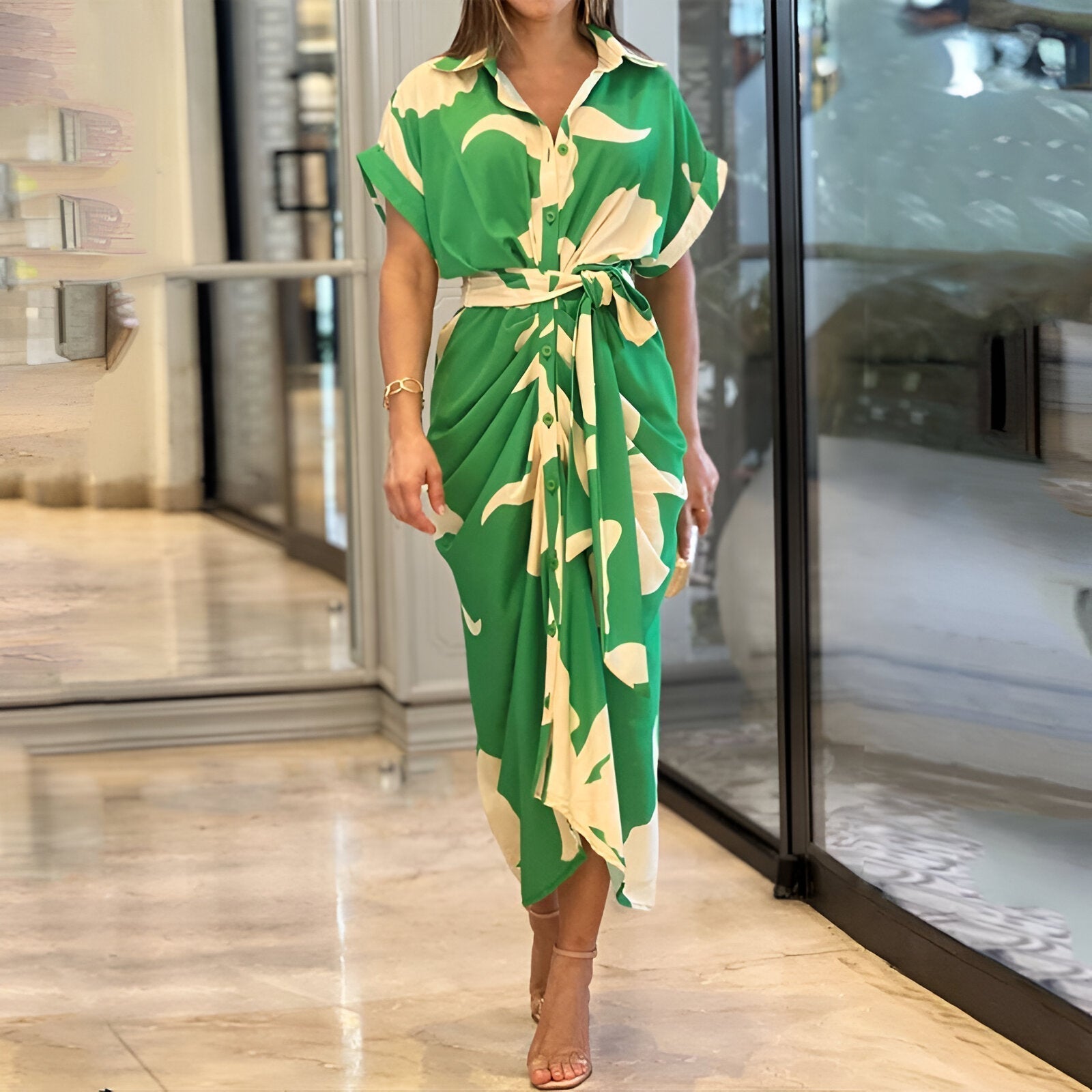 Robe Midi Femme Ceinturée Chic avec Décolleté en V 0