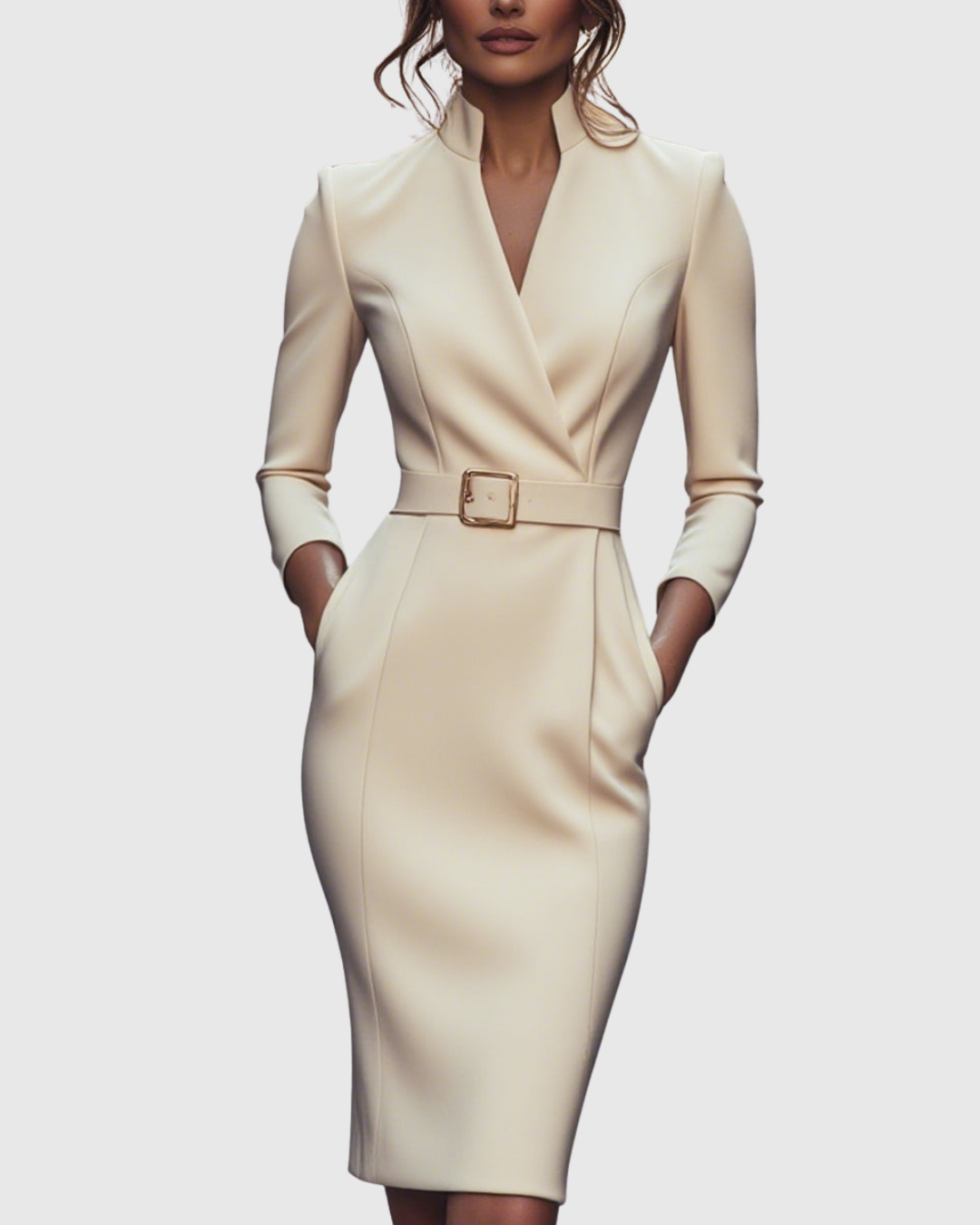 Robe Midi Femme Chic Col Montant Manches Trois-Quarts Silhouette Crayon 11