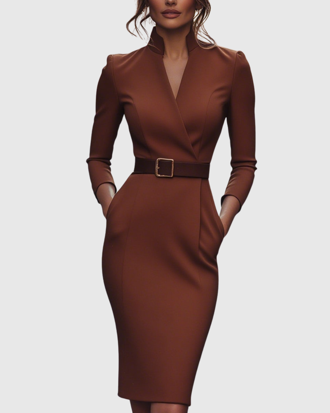 Robe Midi Femme Chic Col Montant Manches Trois-Quarts Silhouette Crayon 12