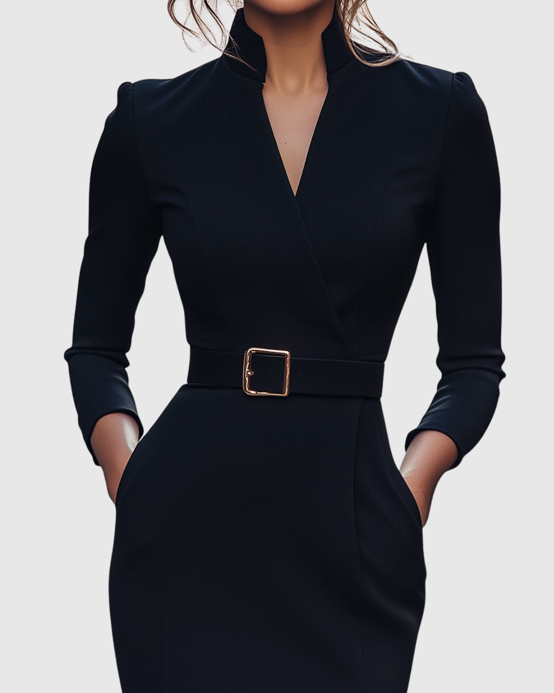 Robe Midi Femme Chic Col Montant Manches Trois-Quarts Silhouette Crayon 2