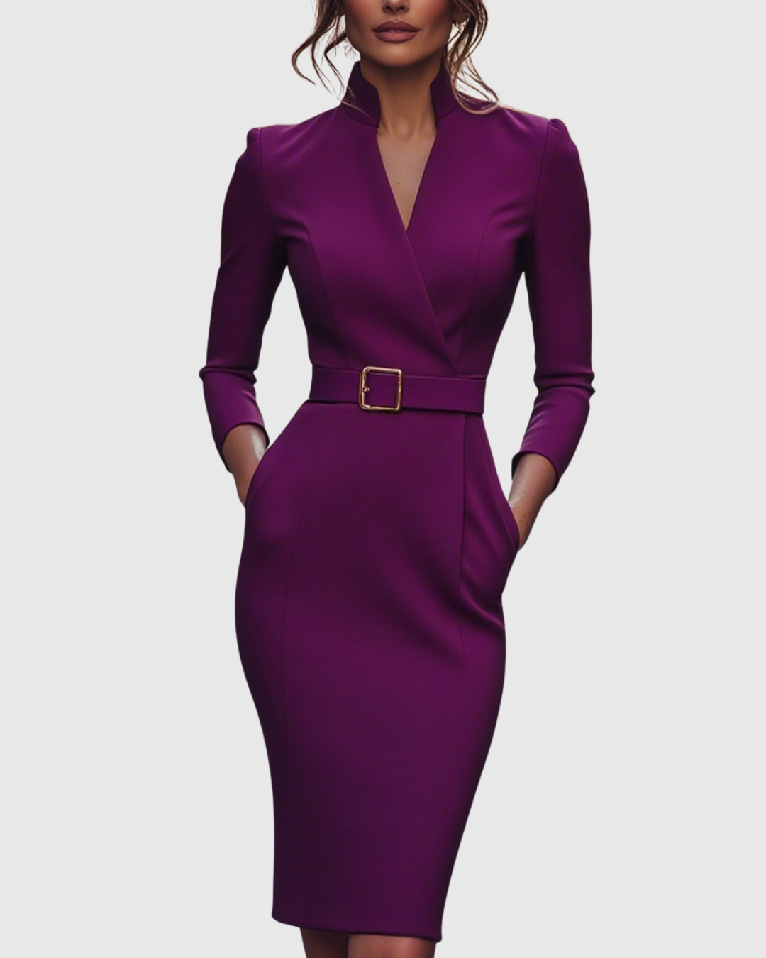 Robe Midi Femme Chic Col Montant Manches Trois-Quarts Silhouette Crayon 6