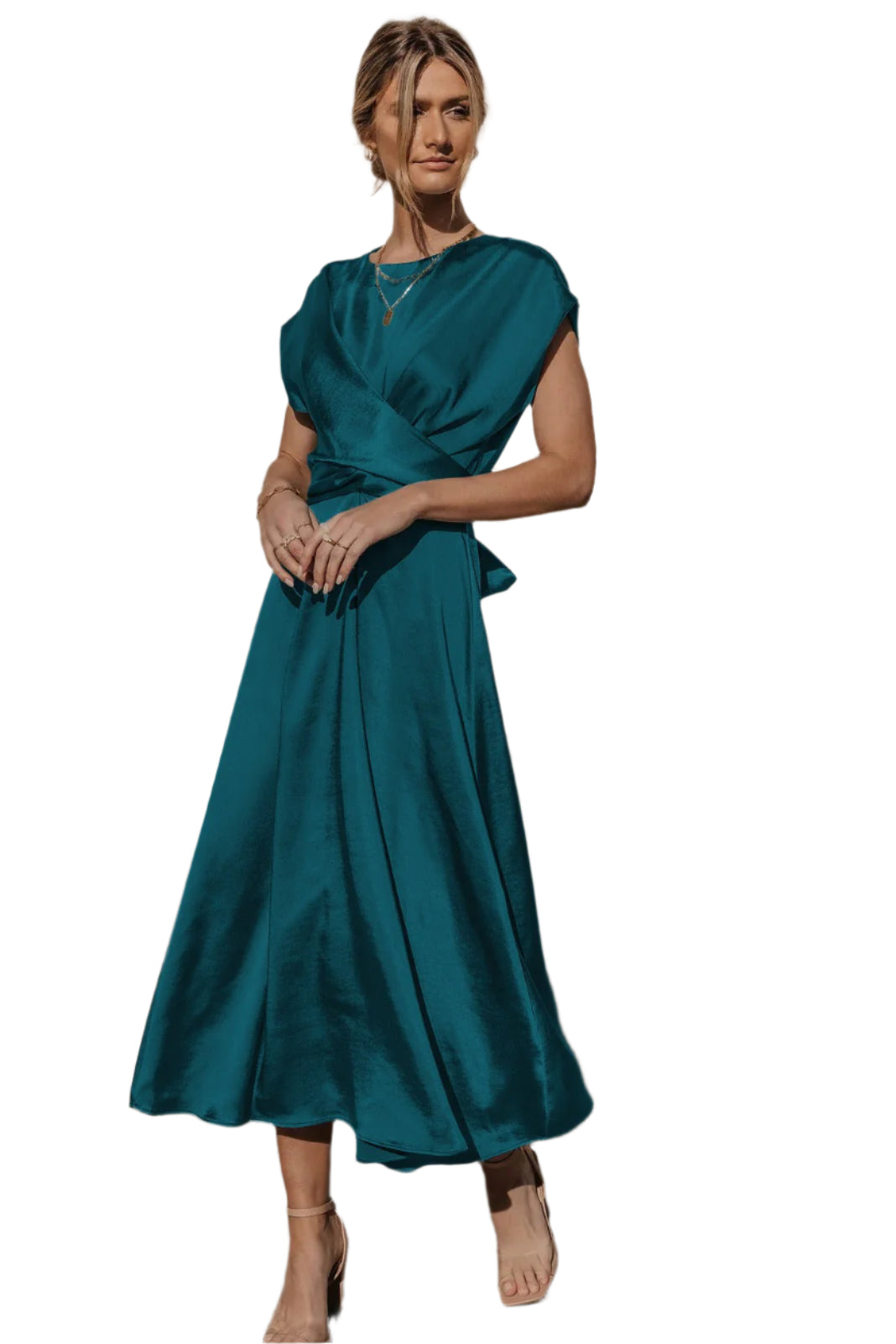Robe Midi Femme Chic en Tissu Aéré avec Manches en Couches 0