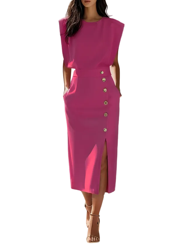 Robe Midi Femme Élégante avec Fente Boutonnée 6