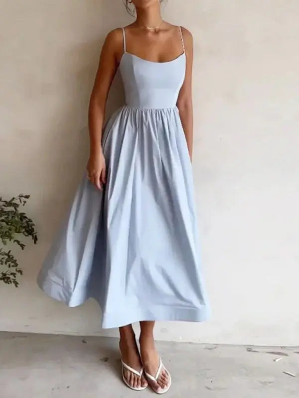 Robe Midi Femme Tissé à Bretelles Spaghetti Décolleté U Chic 5