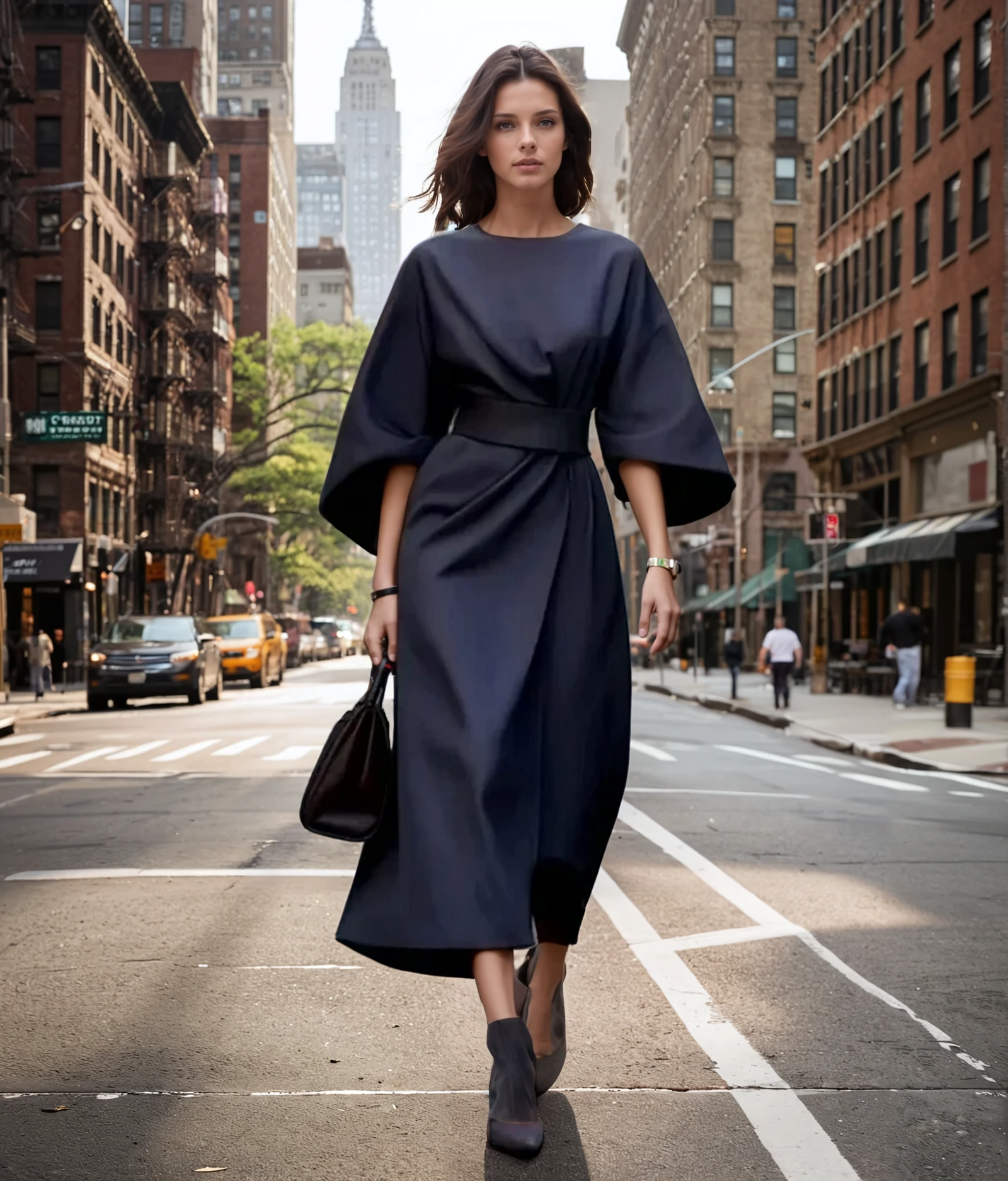 Robe Midi Femme à Manches Lanternes avec Ceinture 1