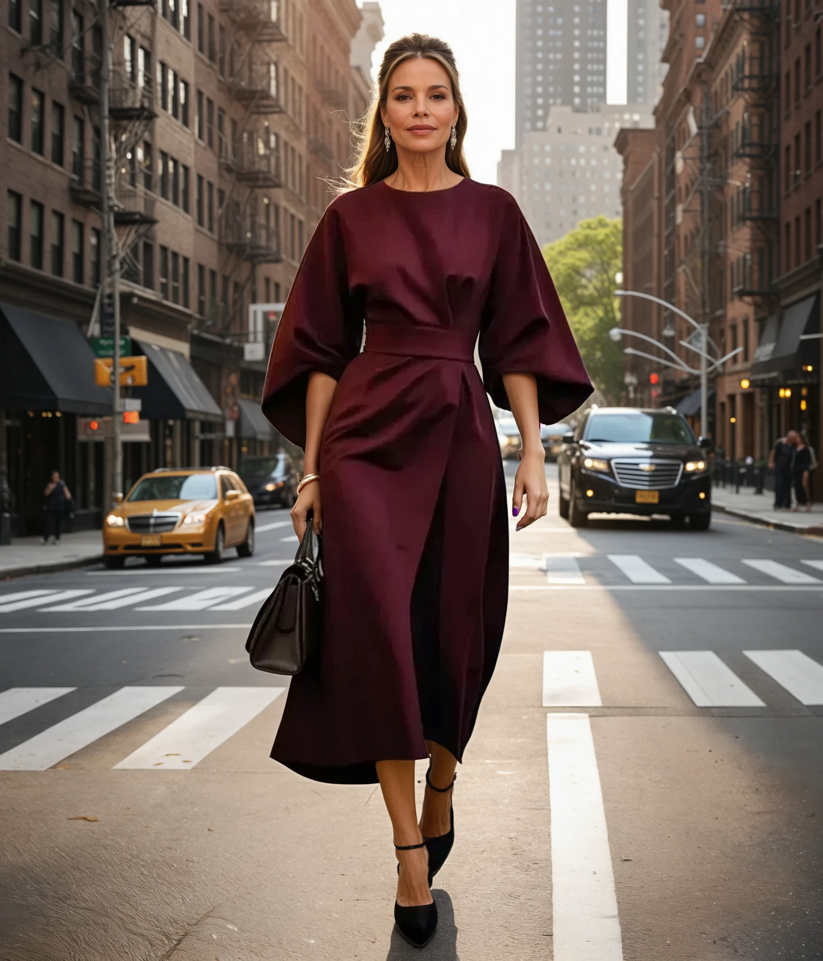 Robe Midi Femme à Manches Lanternes avec Ceinture 3