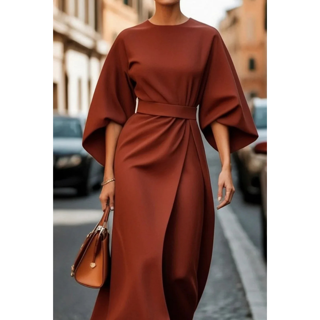Robe Midi Femme à Manches Lanternes avec Ceinture 5