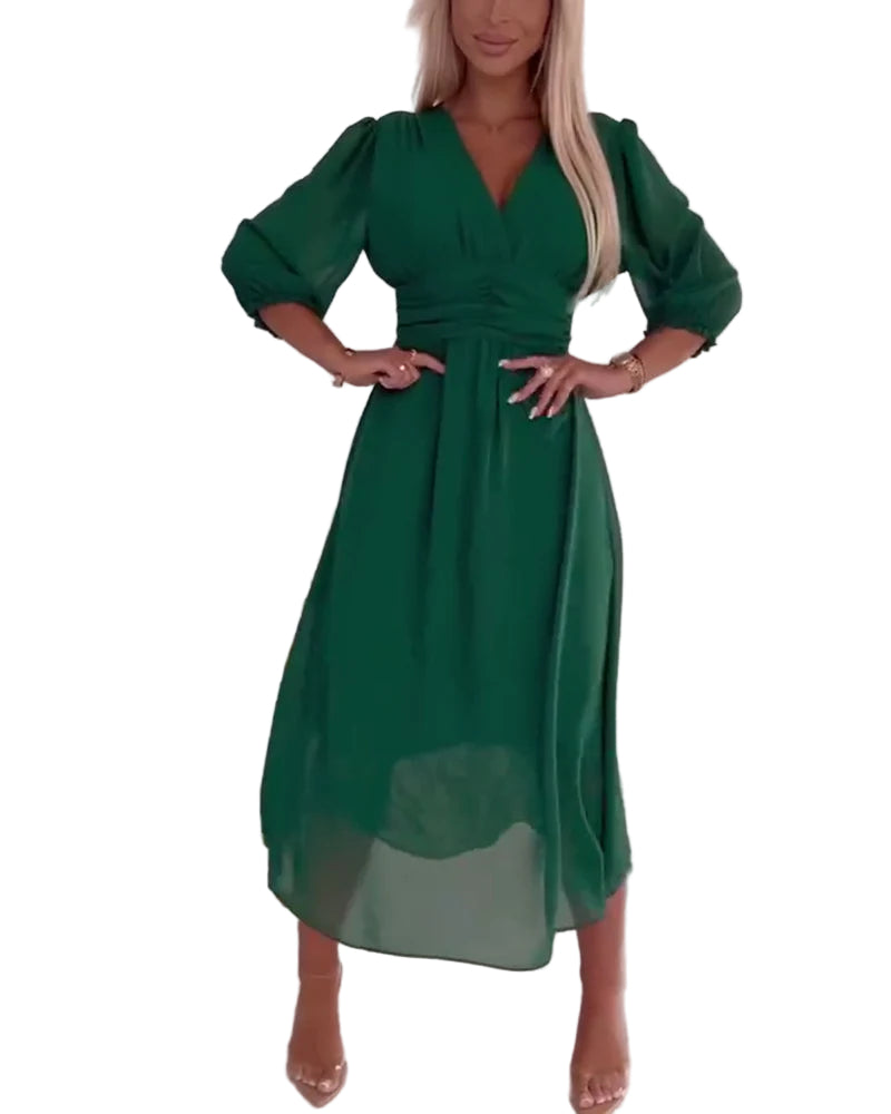 Robe Midi Femme à Manches Longues en Chiffon A-Ligne 0
