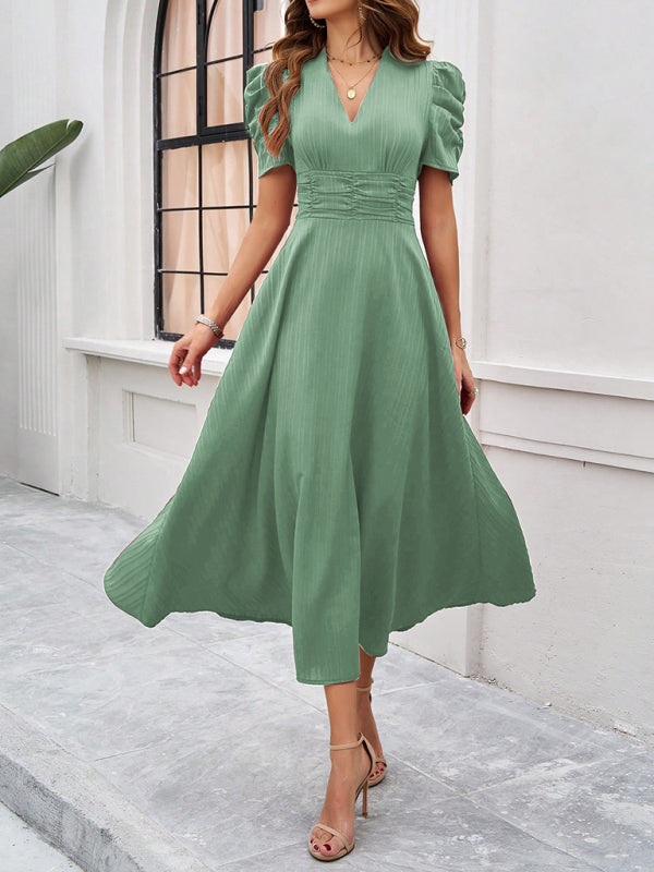 Robe Midi à Col V pour Femmes avec Manches Bouffantes et Taille Froncée 11