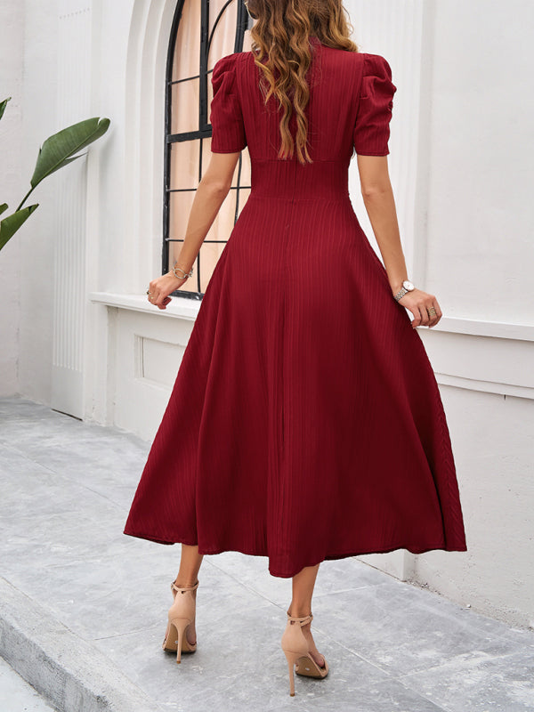 Robe Midi à Col V pour Femmes avec Manches Bouffantes et Taille Froncée 1