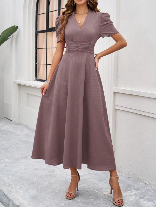Robe Midi à Col V pour Femmes avec Manches Bouffantes et Taille Froncée 5