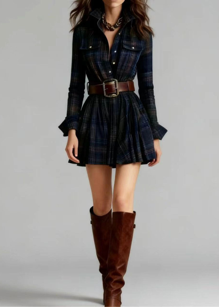 Robe Mini Femme Col Claudine Manches Longues à Poches 1
