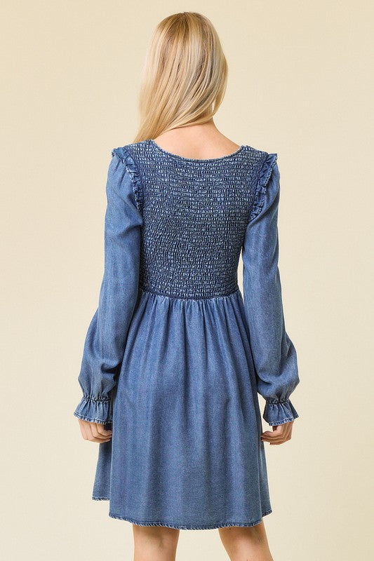 Robe Mini à Encolure en V en Denim Foncé 3