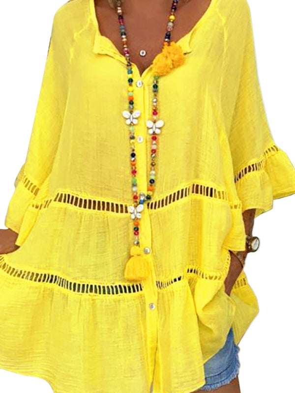 Robe Tunique Femme à Manches 3/4 en Coton Lin à Col V 0