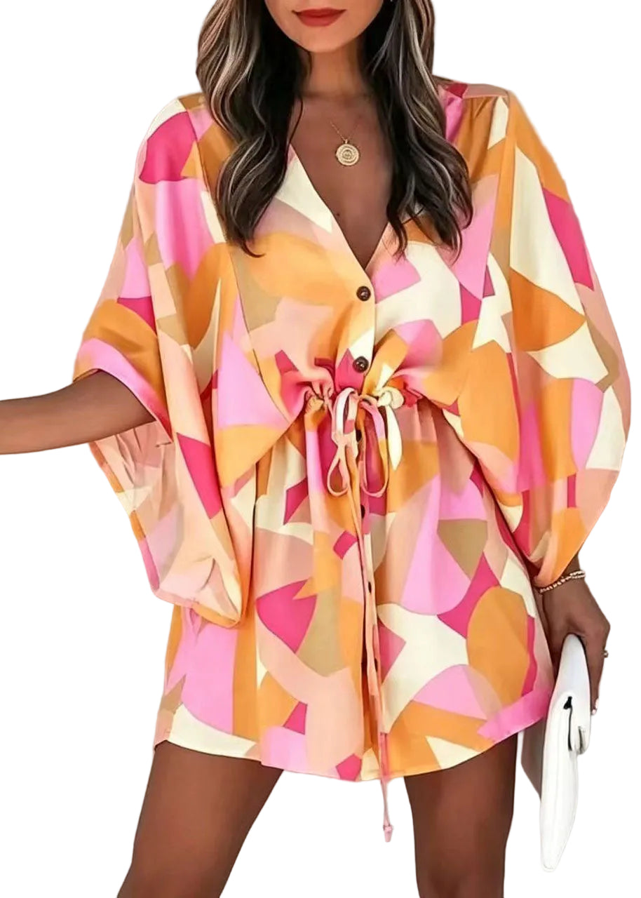 Robe courte ample à nouer manches chauve-souris pour femme 0