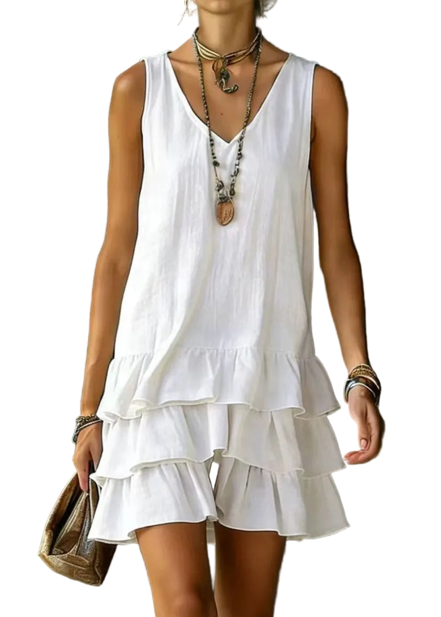 Robe courte femme à col en V superposée sans manches 0