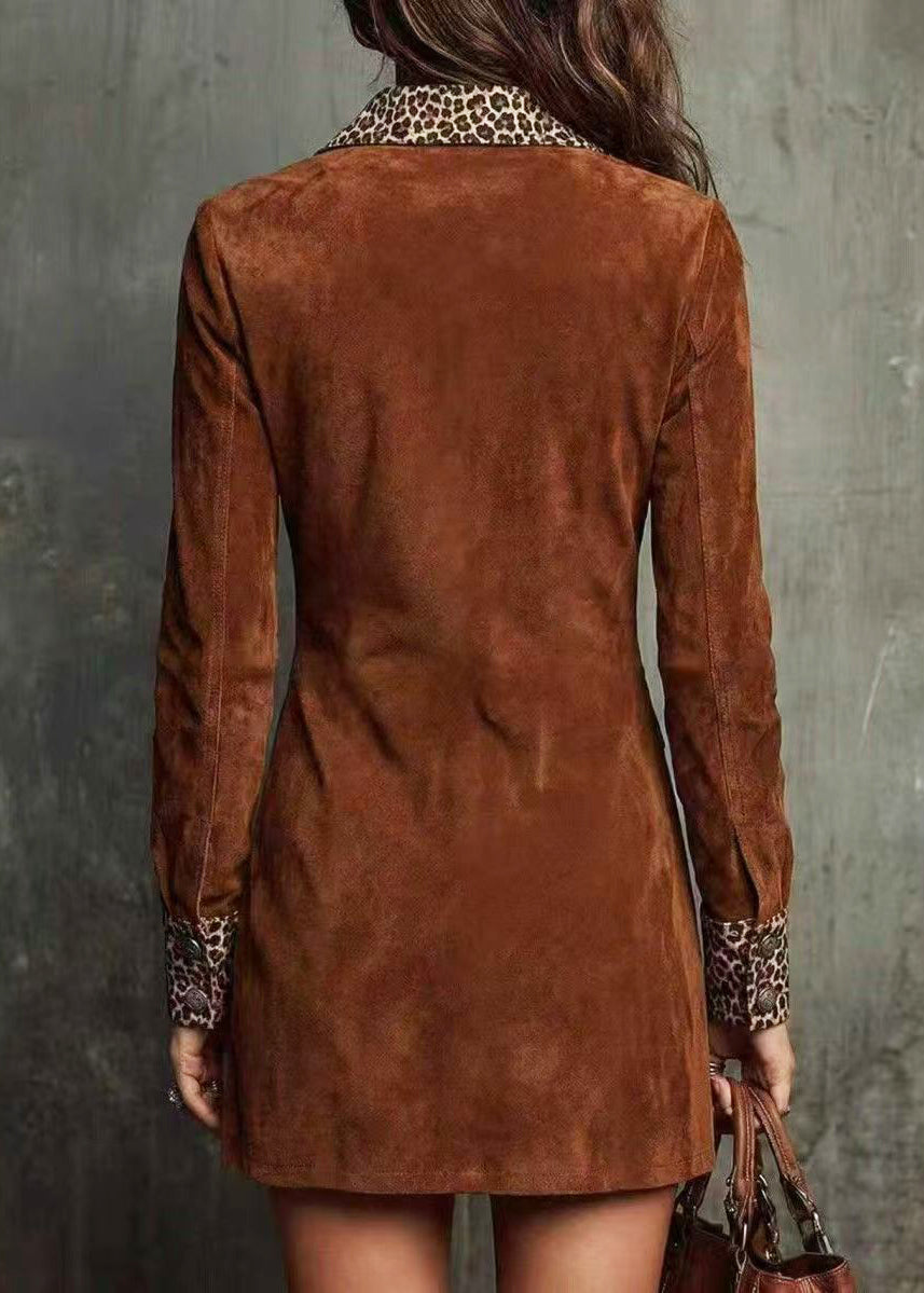 Robe courte femme patchwork léopard col Peter Pan automnale 1