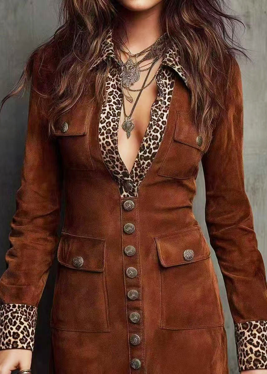 Robe courte femme patchwork léopard col Peter Pan automnale 2