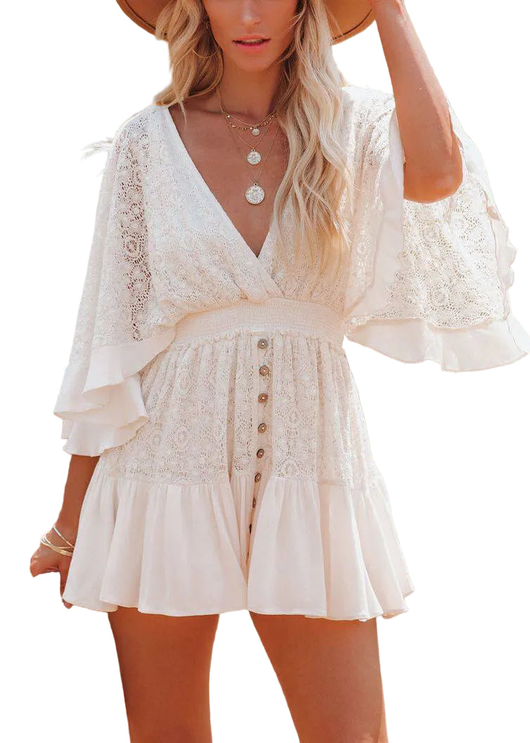 Robe courte pour femme manches chauve-souris ajourée 2