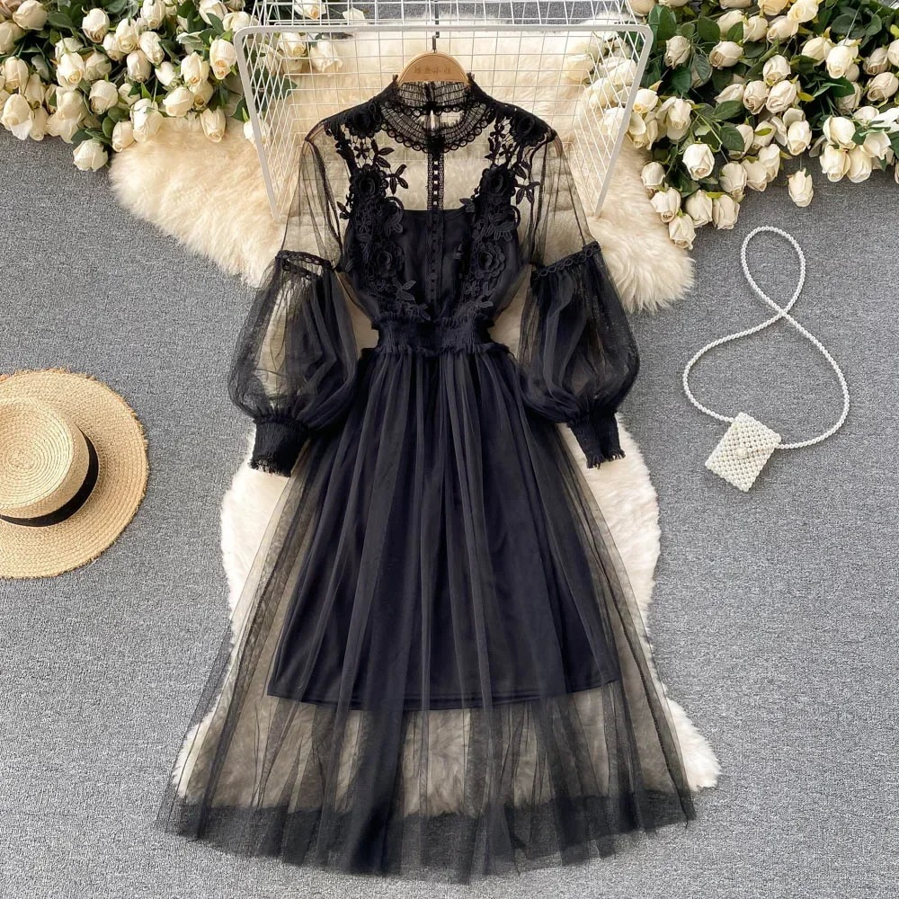 Robe d'Automne Femme Col Montant et Manches Lanternes 6