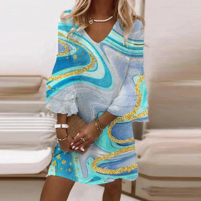 Robe d'Été Femme Imprimé Marbré Col en V Manches Évasées Soyeuse 5