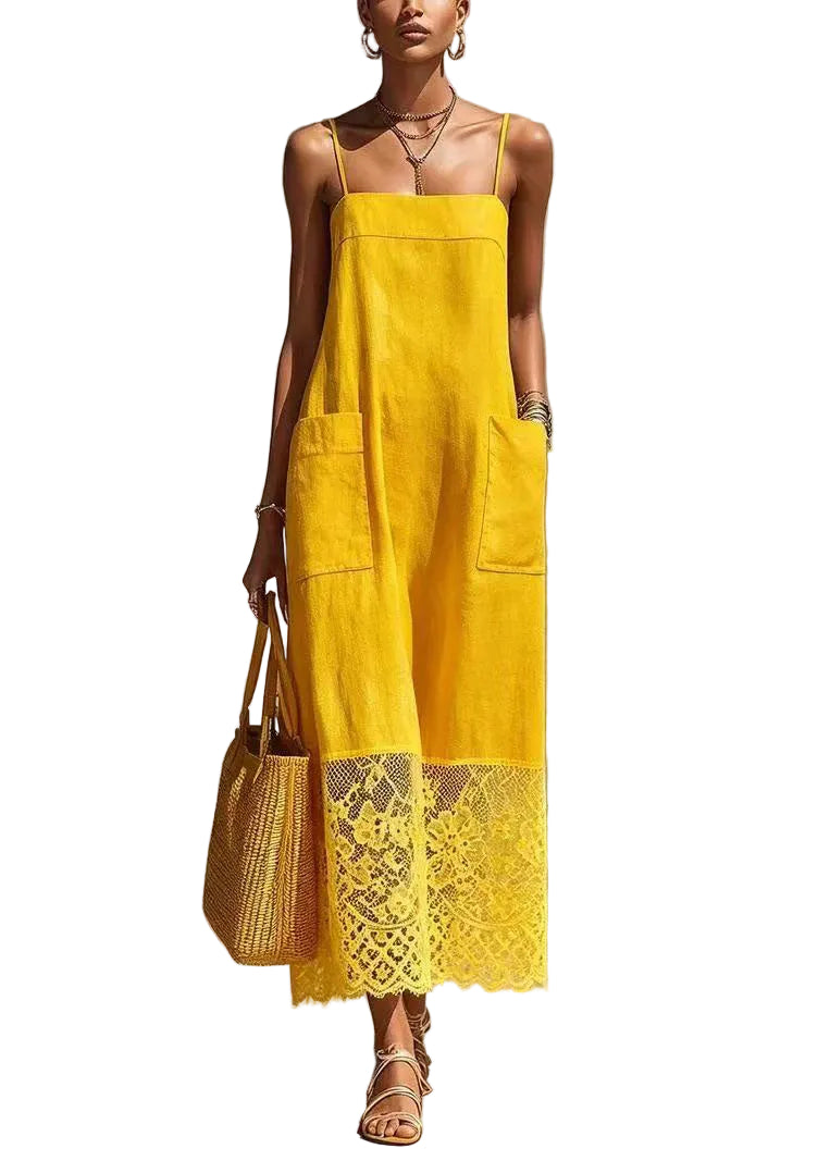 Robe d'été femme à bretelles spaghetti avec poches et dentelle patchwork 0