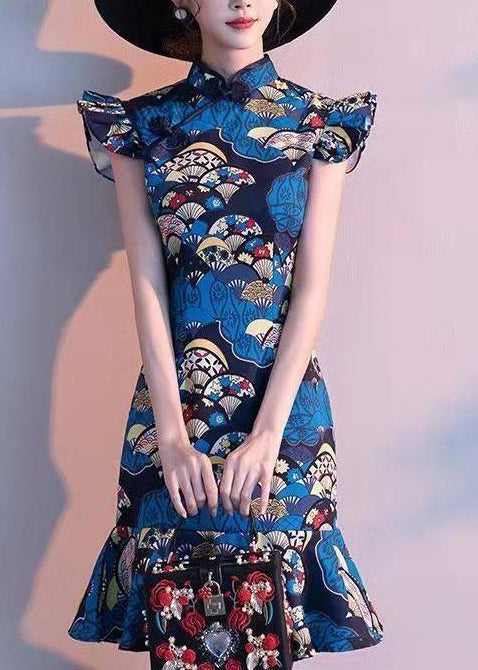 Robe d'été femme col montant style chinois imprimé paon bleu 3