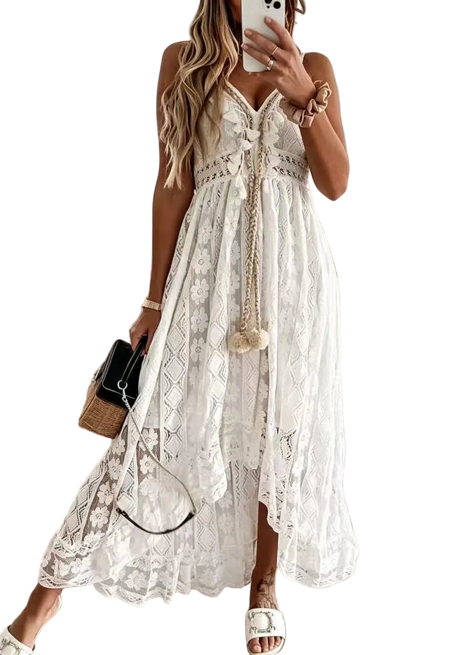Robe d'été pour femmes à bretelles spaghetti et dentelle ajourée 0