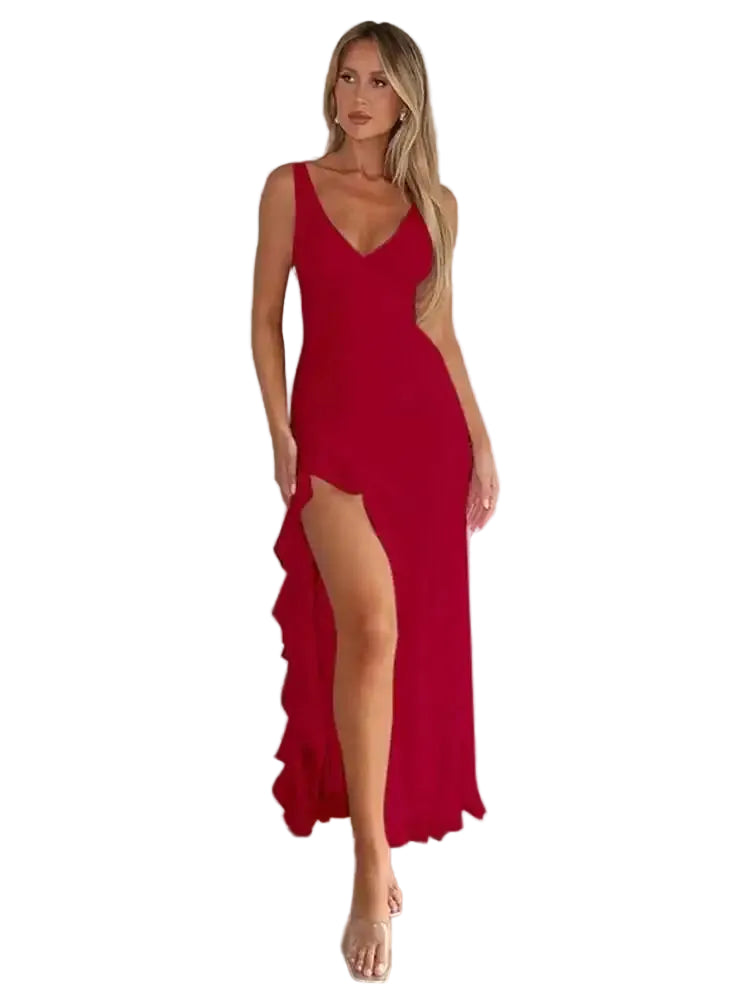 Robe de Soirée Mi-Longue à Volants avec Fente Haute 10