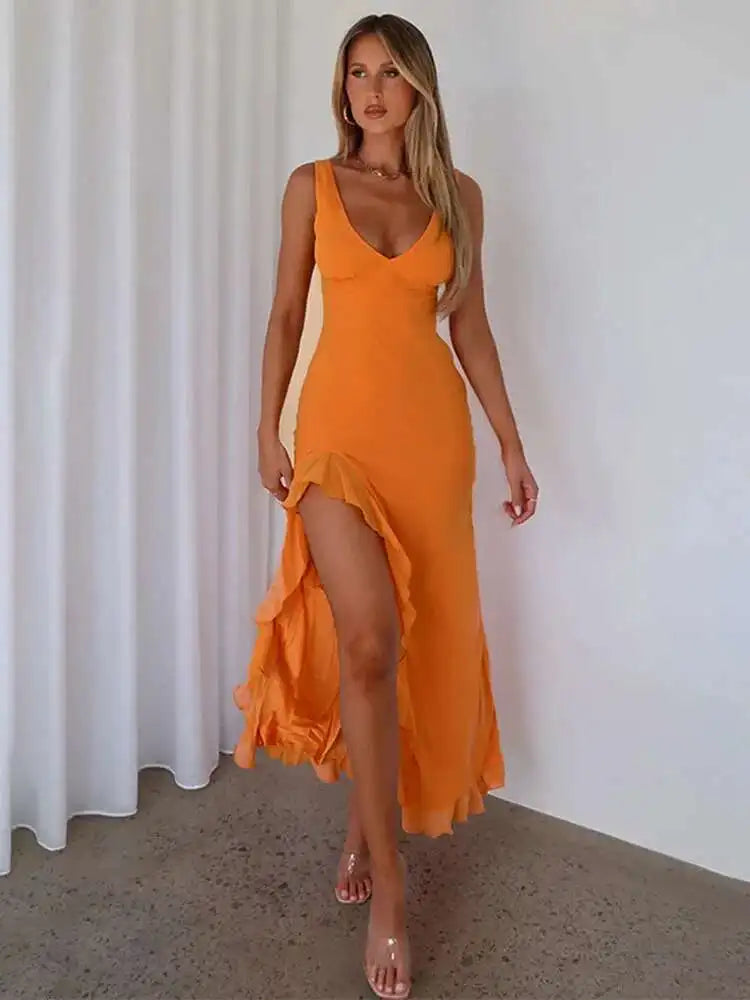 Robe de Soirée Mi-Longue à Volants avec Fente Haute 2