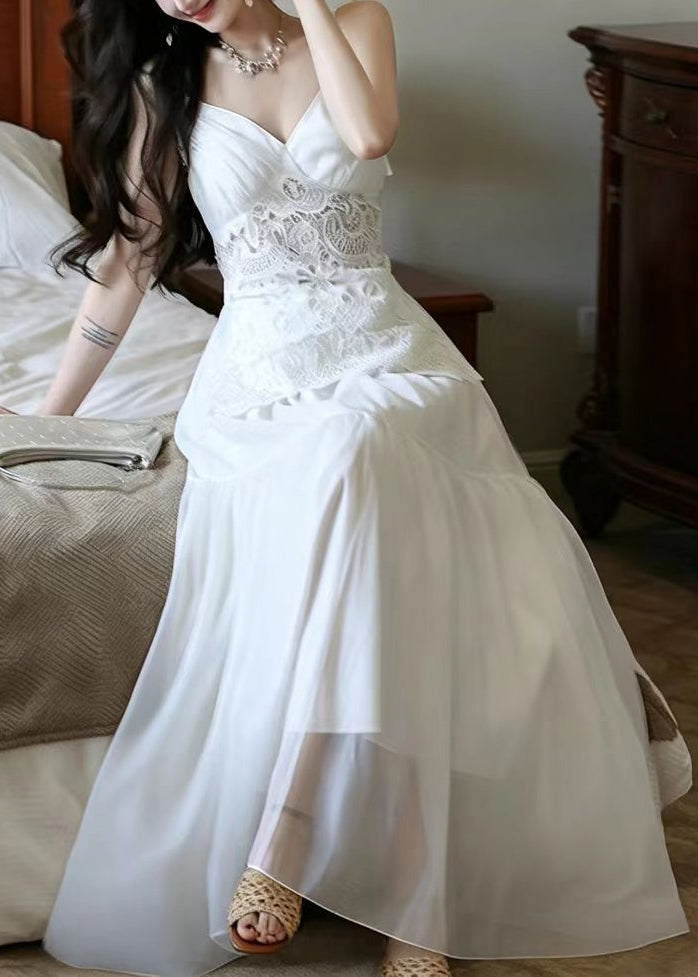 Robe de soirée femme col en V patchwork dentelle 3
