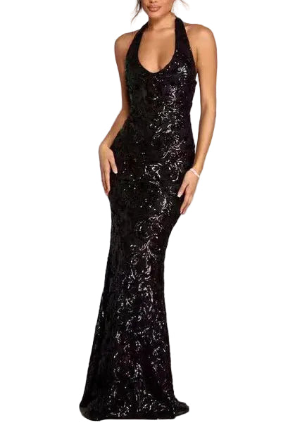 Robe de soirée femme coupe slim sans manches col en V 0