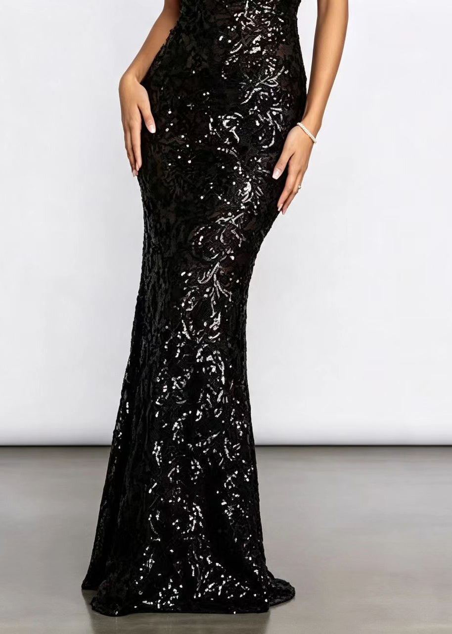 Robe de soirée femme coupe slim sans manches col en V 4