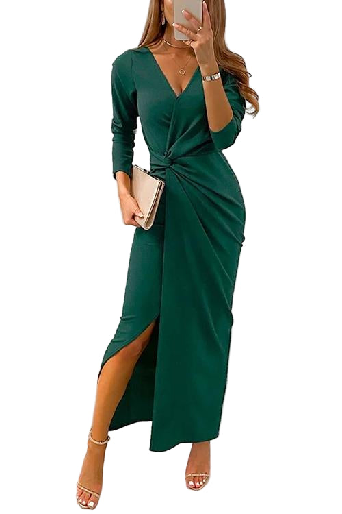 Robe de soirée longue fendue à col en V pour femme 0