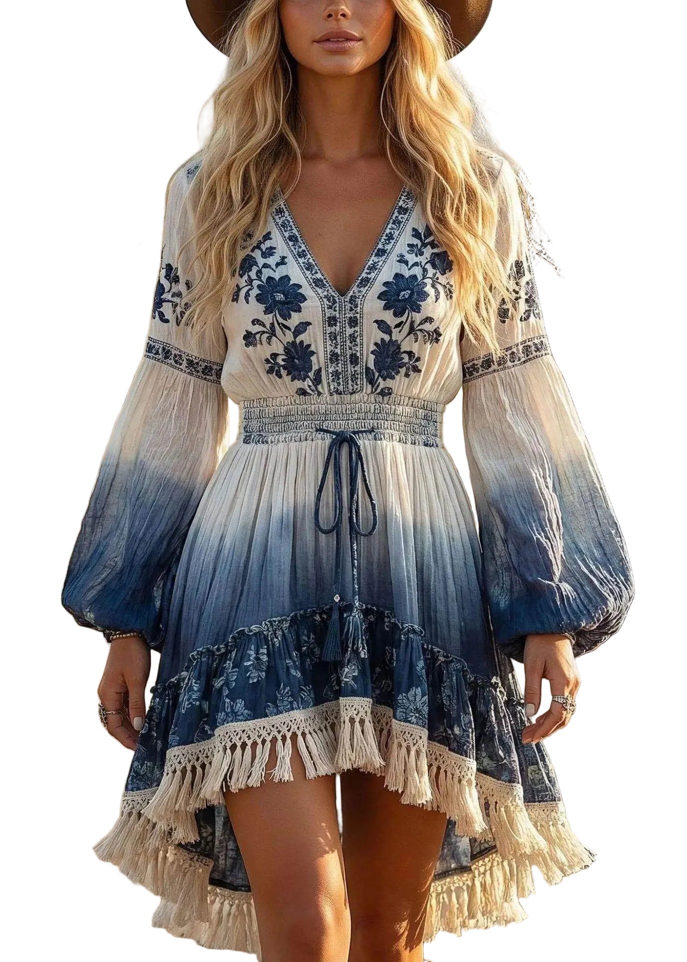 Robe de thé femme manches longues col en V à pompons 0