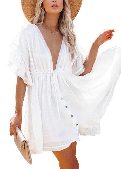 Robe droite femme style bohème à volants et cordon de serrage 0