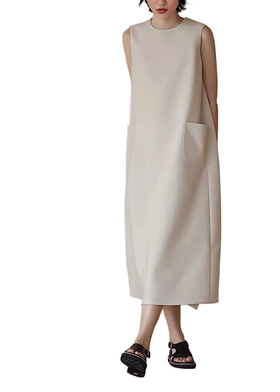 Robe femme sans manches à col rond avec poches drapées 0
