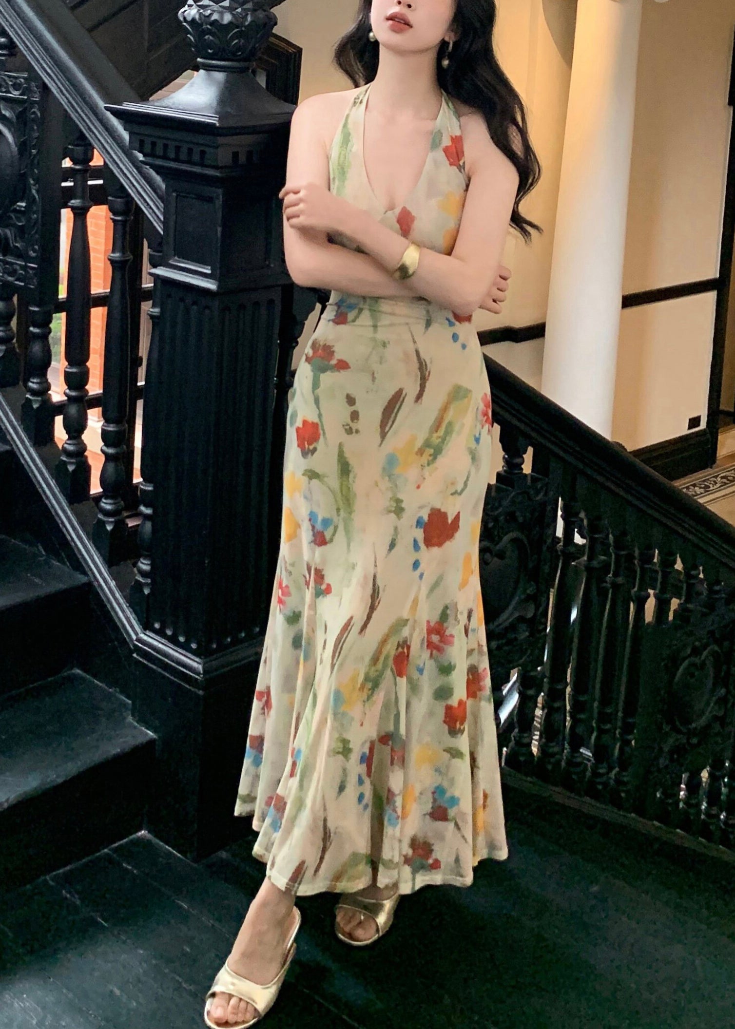 Robe longue de soirée fluide sans manches pour femme 1