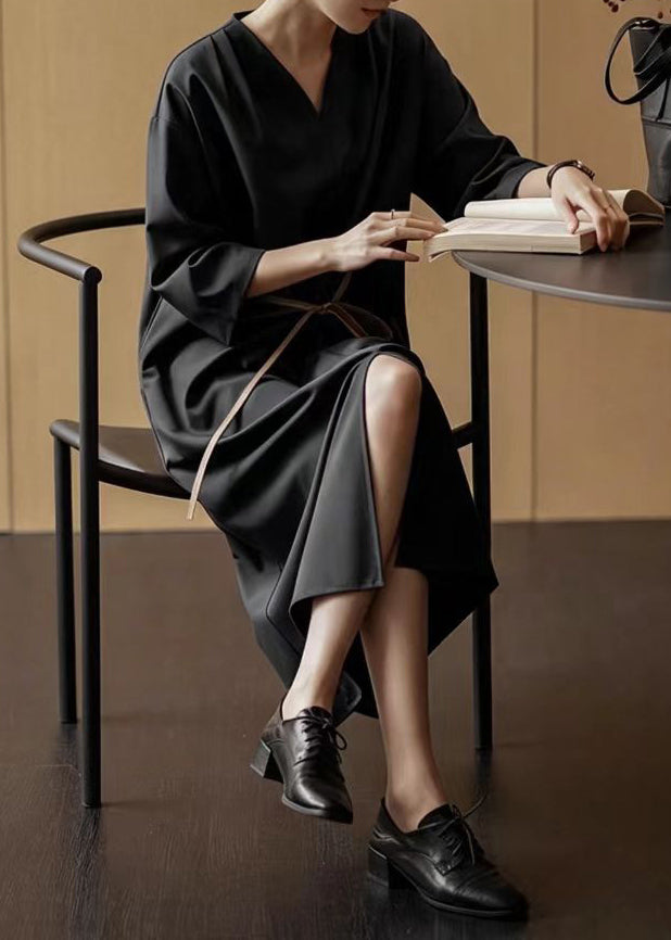 Robe longue décontractée femme col en V avec ceinture et ourlet fendu 3