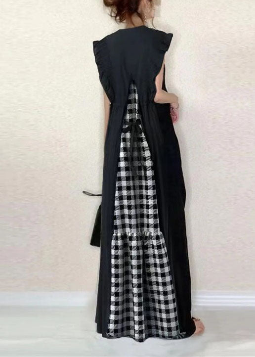 Robe longue femme à col en V et volants style patchwork à carreaux 0