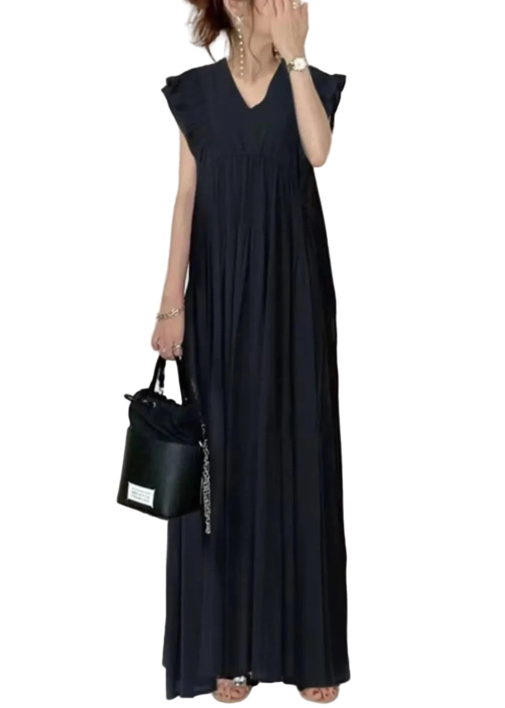 Robe longue femme à col en V et volants style patchwork à carreaux 1