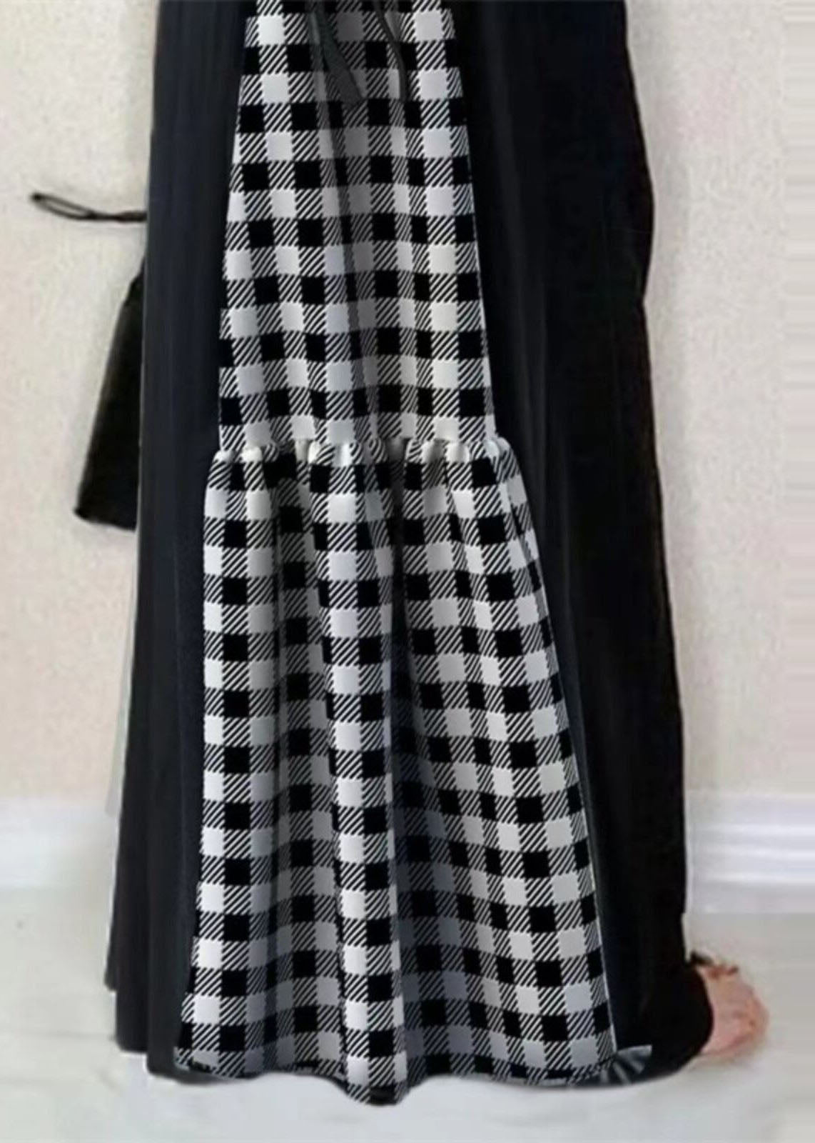 Robe longue femme à col en V et volants style patchwork à carreaux 4