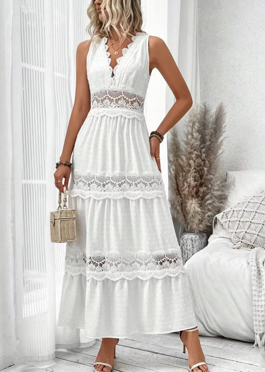 Robe longue femme à col en V sans manches avec détails en dentelle 1