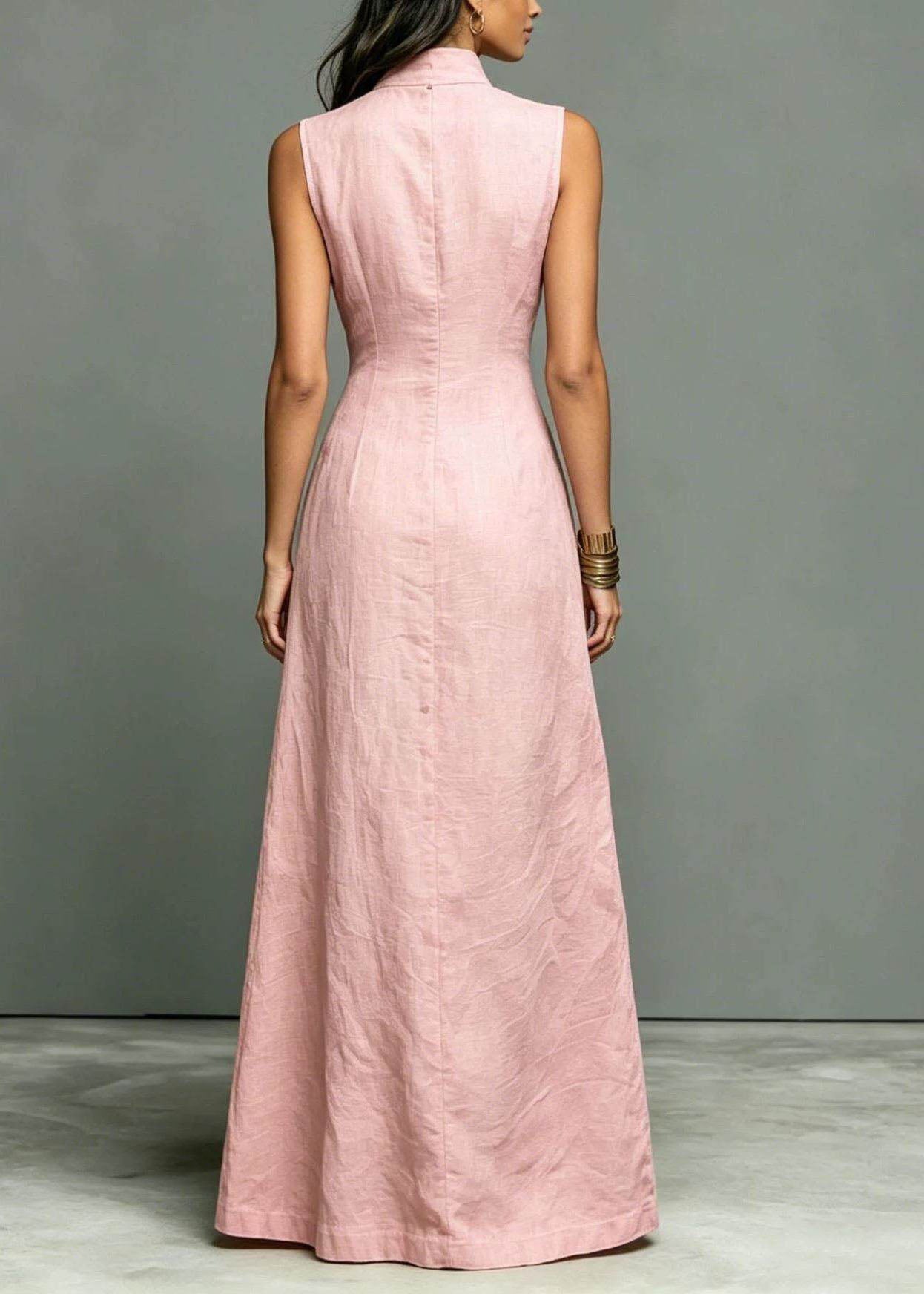 Robe longue femme à col montant et simple boutonnage sans manches 2