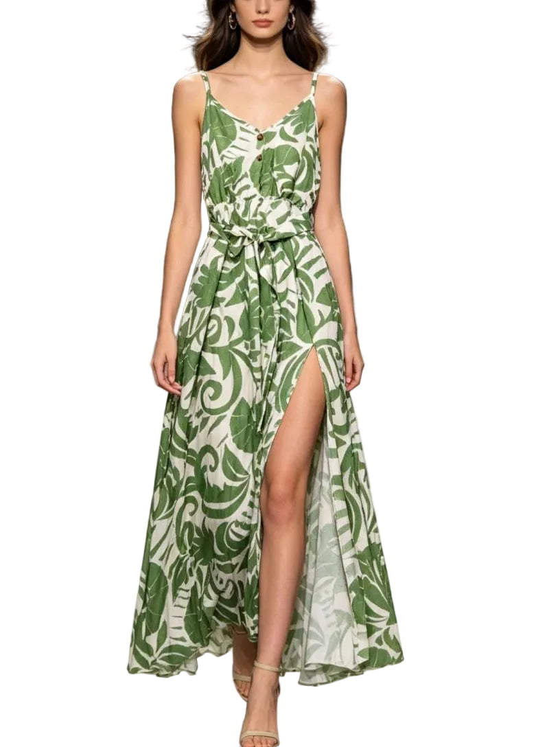 Robe longue femme ample col en V ouverte sur le côté 0